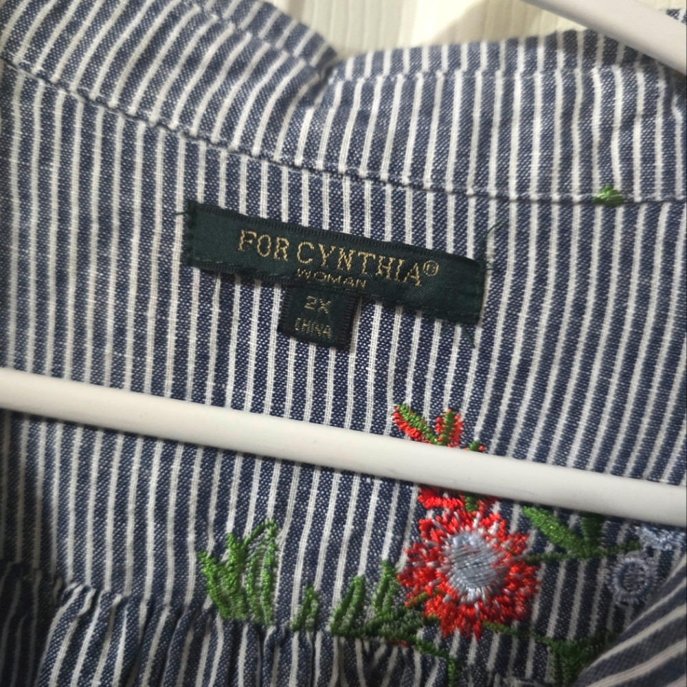 For Cynthia Linen & Cotton Striped Floral Embroidered Popover Tunic, Sz 2X, EUC! - Picture 13 of 14